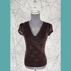 Jessica Brown Floral Lace Overlay Faux Wrap Top Y2K Fairy